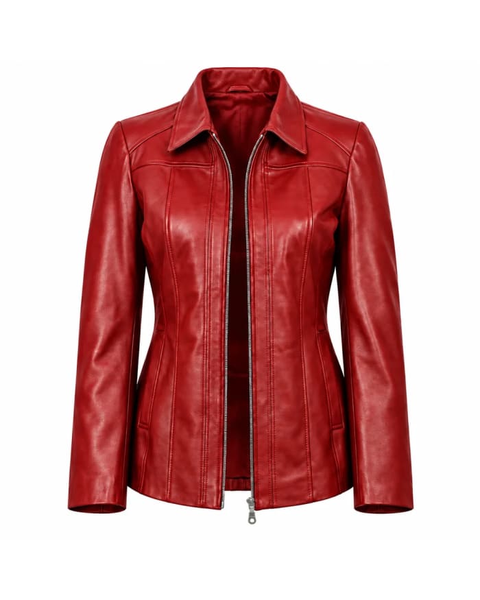 Chaqueta de cuero para mujer – Rojo – cuello y cremallera