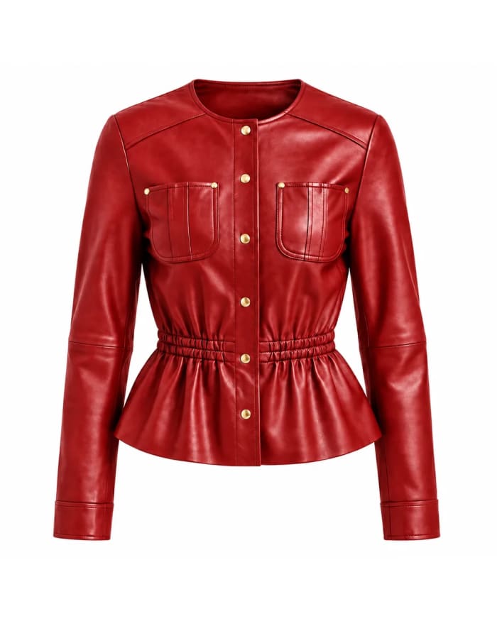 Chaqueta de cuero para mujer – Rojo – cintura fruncida y volante