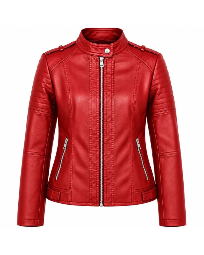 Veste en cuir pour femme – Rouge – empiècements matelassés, style motard