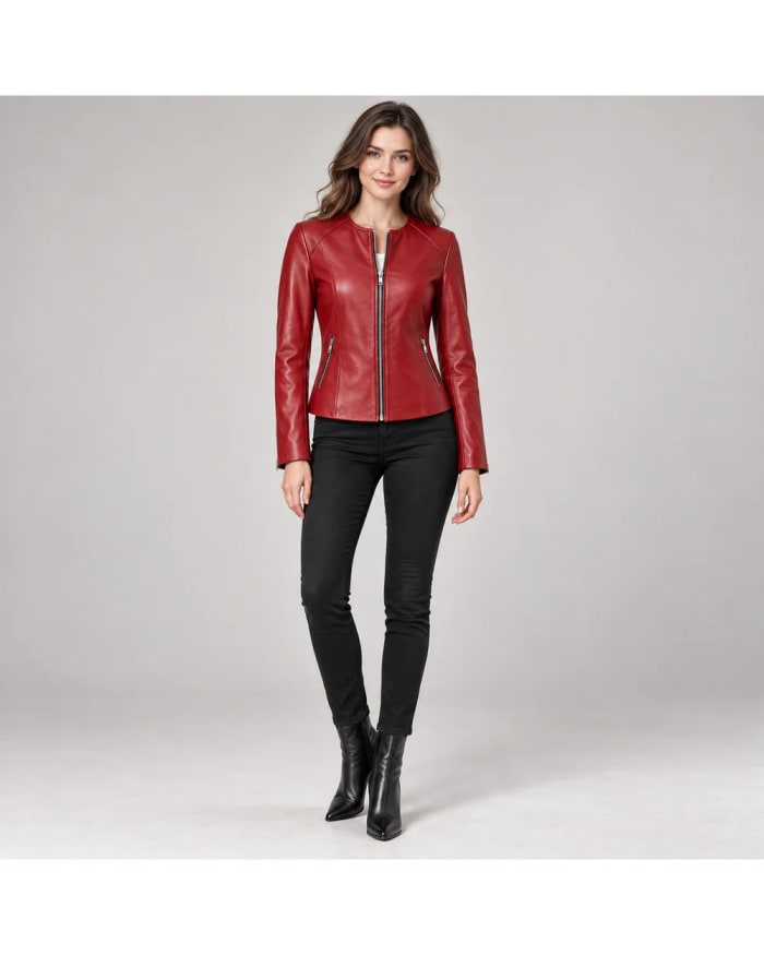 Chaqueta de cuero para mujer – Rojo – cuello redondo