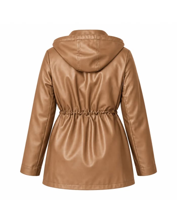 Chaqueta de cuero para mujer – Cuero tostado – capucha y cordón en la cintura