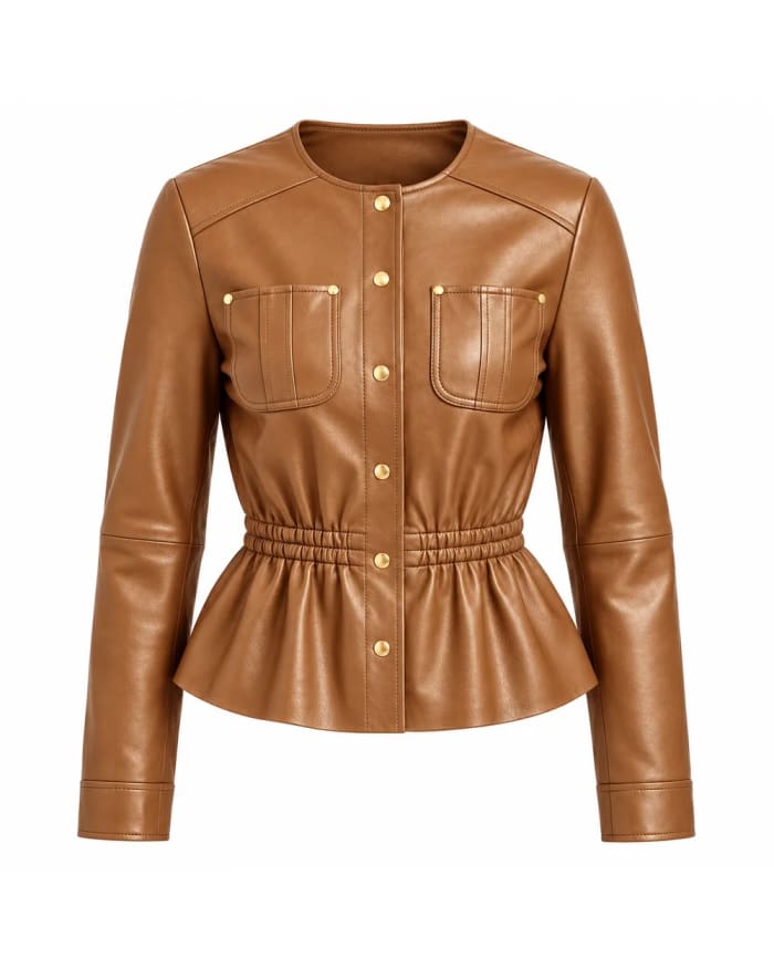 Chaqueta de cuero para mujer – Cuero tostado – cintura fruncida y volante