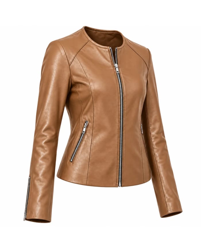 Chaqueta de cuero para mujer – Cuero tostado – cuello redondo