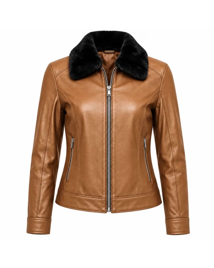Chaqueta de cuero para mujer – Cuero tostado – corte entallado y cuello con pelo