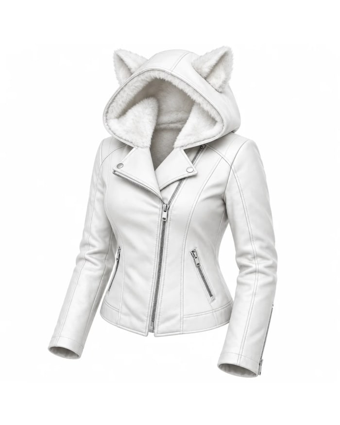 Chaqueta de cuero para mujer – Blanco – capucha con orejas de gato