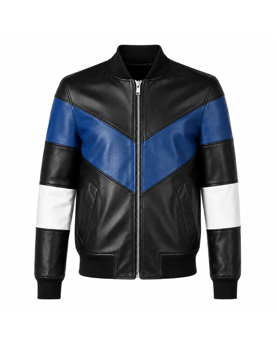 Giacca in pelle da uomo – Nero / Blu / Bianco – inserti a V, stile universitario