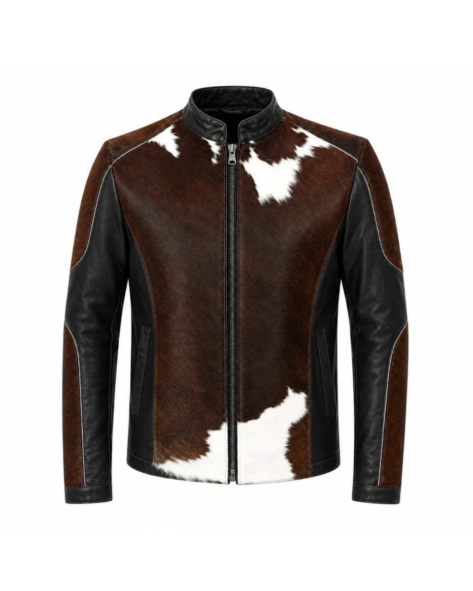 Chaqueta de cuero para hombre – Negro / Marrón / Marfil – paneles gráficos