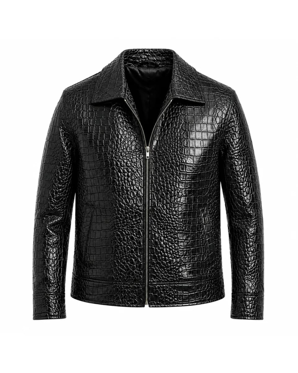Giacca in pelle da uomo – Nero – effetto coccodrillo e zip