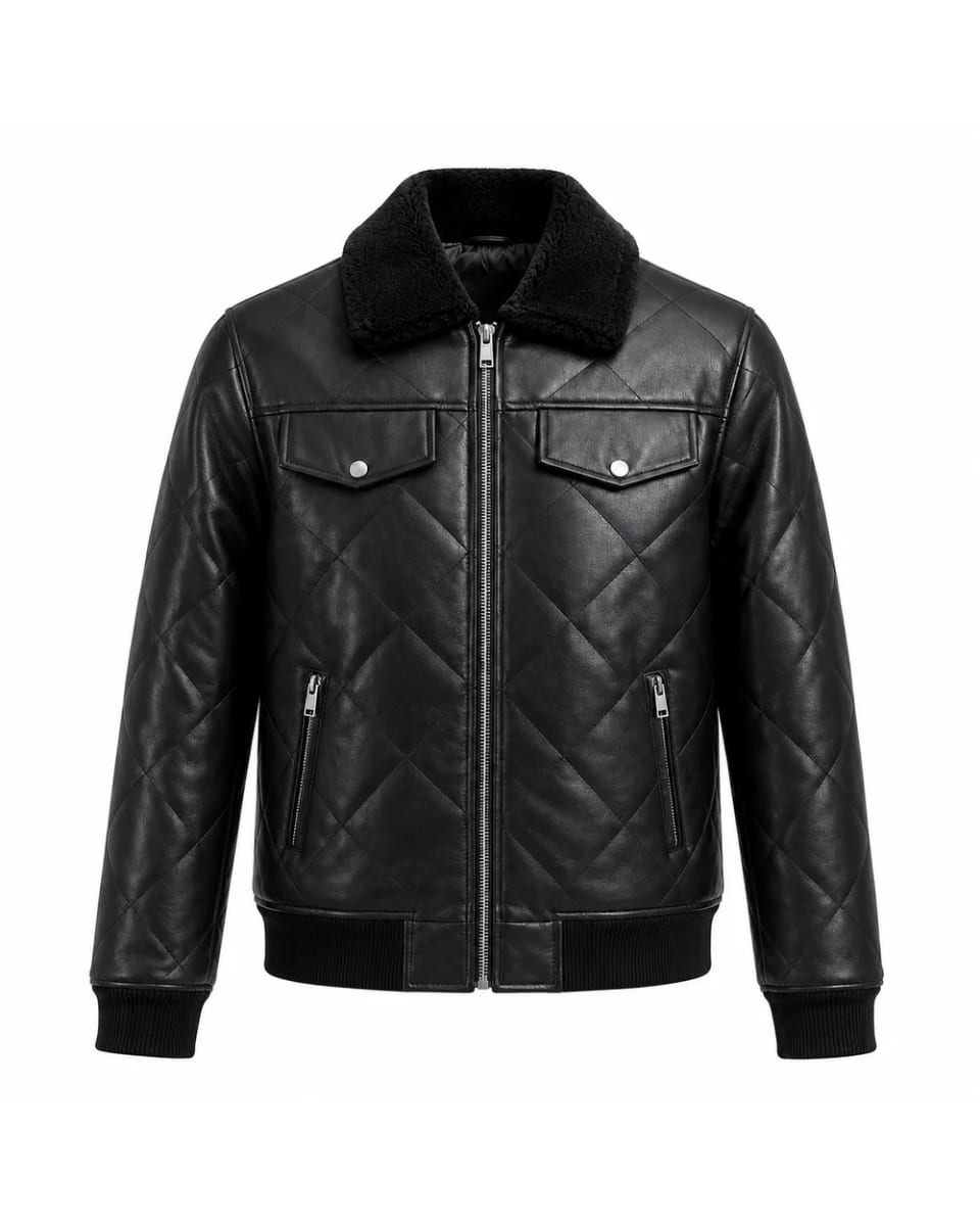 Veste en cuir pour homme – Noir – matelassage en losanges