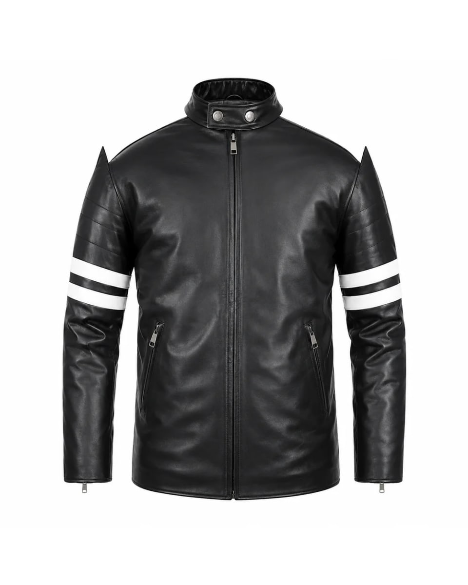 Lederjacke für Herren – Schwarz – Doppelstreifen im Motorrad-Stil