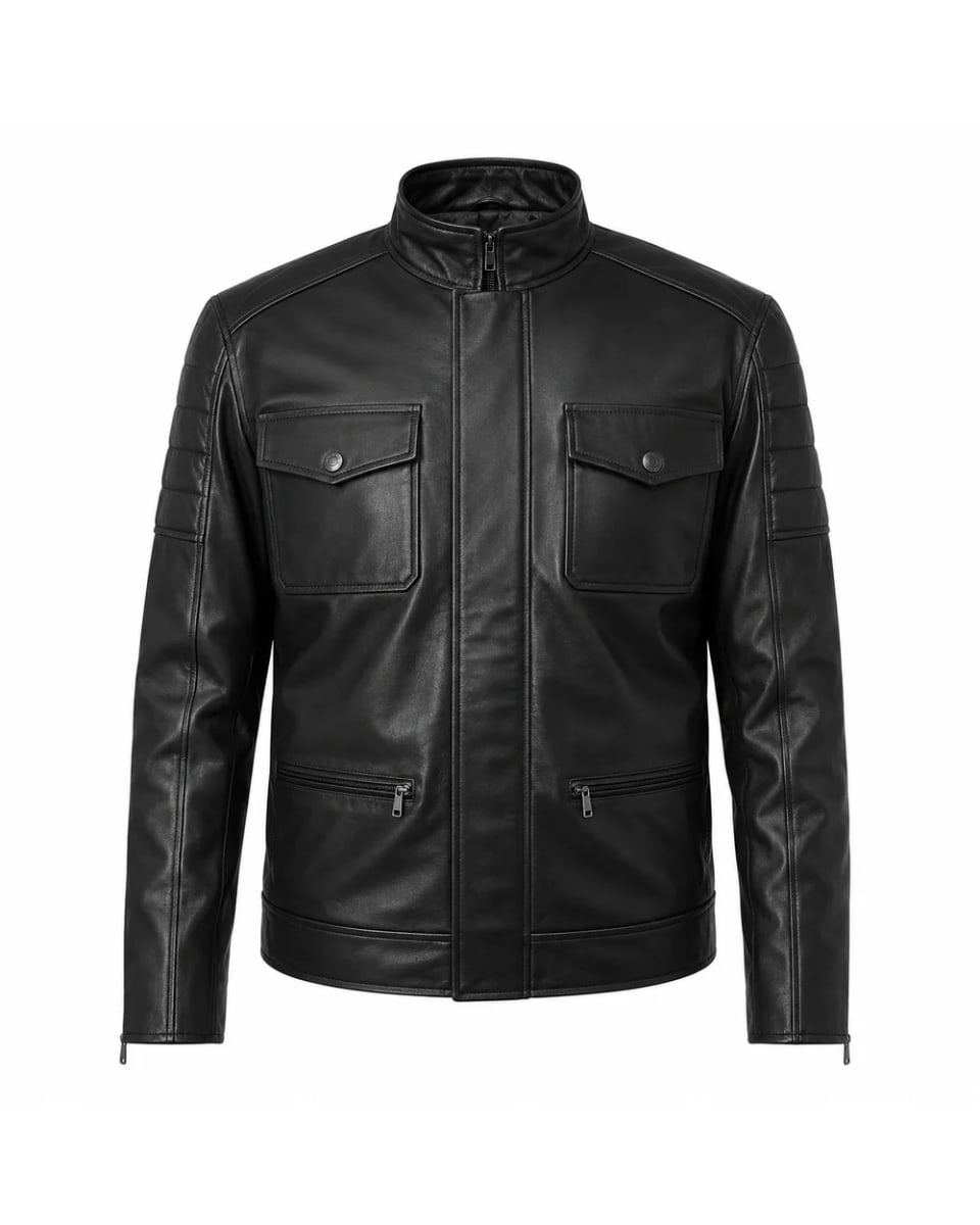 Lederjacke für Herren – Schwarz – vier Taschen im Café-Racer-Stil
