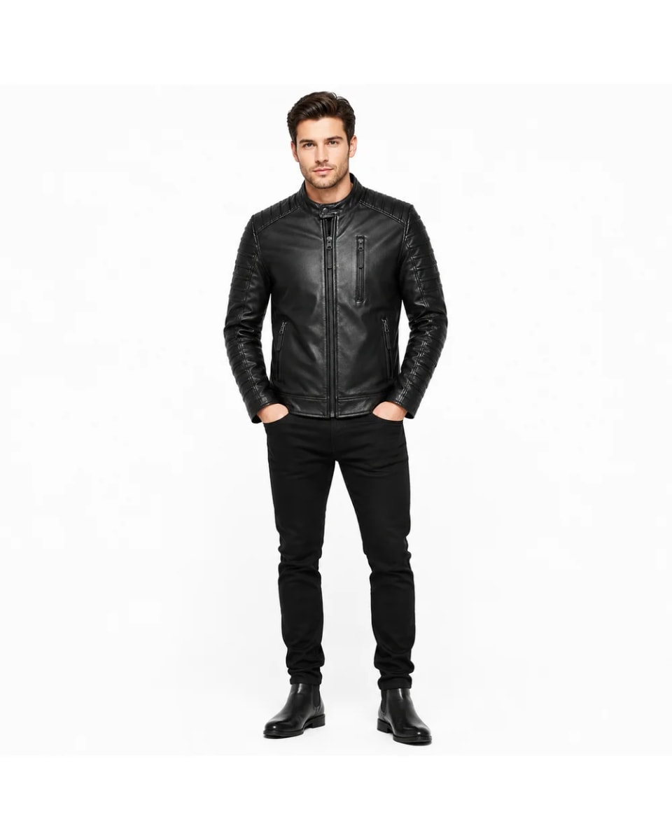 Lederjacke für Herren – Schwarz – gesteppte Ärmel und Reißverschluss, Biker-Stil
