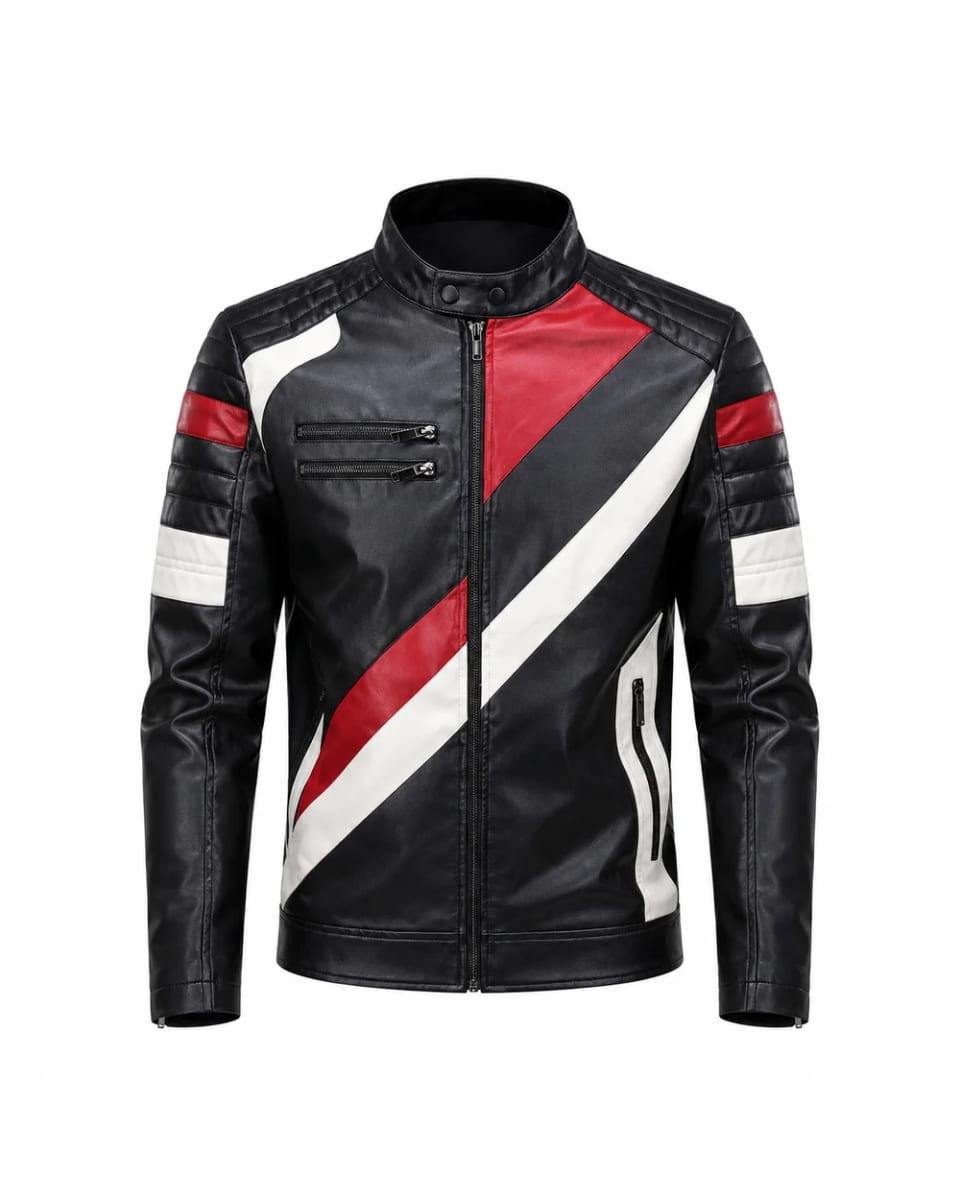 Lederjacke für Herren – Schwarz / Rot / Weiß – Colorblock im Biker-Stil