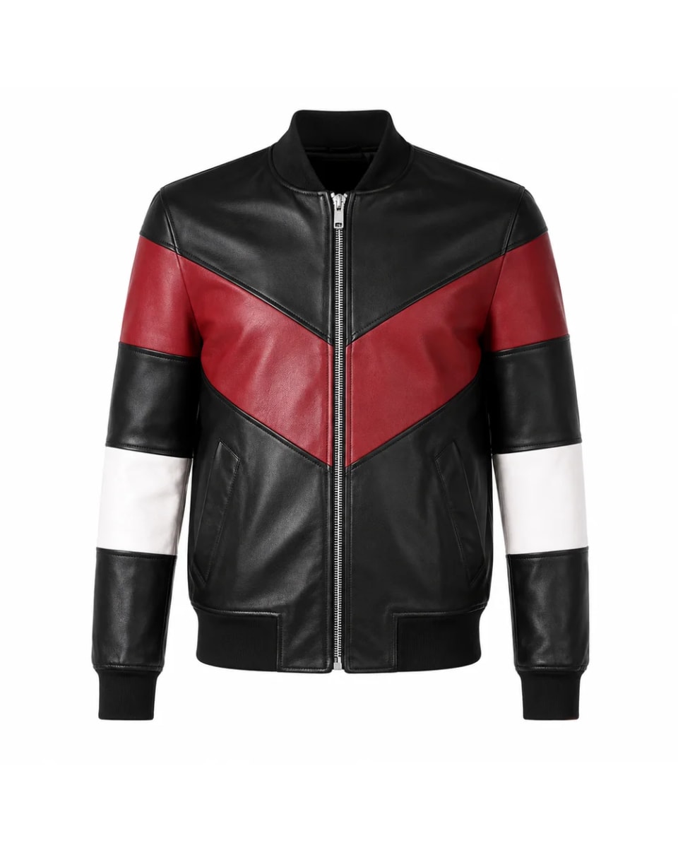 Giacca in pelle da uomo – Nero / Rosso / Bianco – inserti a V, stile universitario