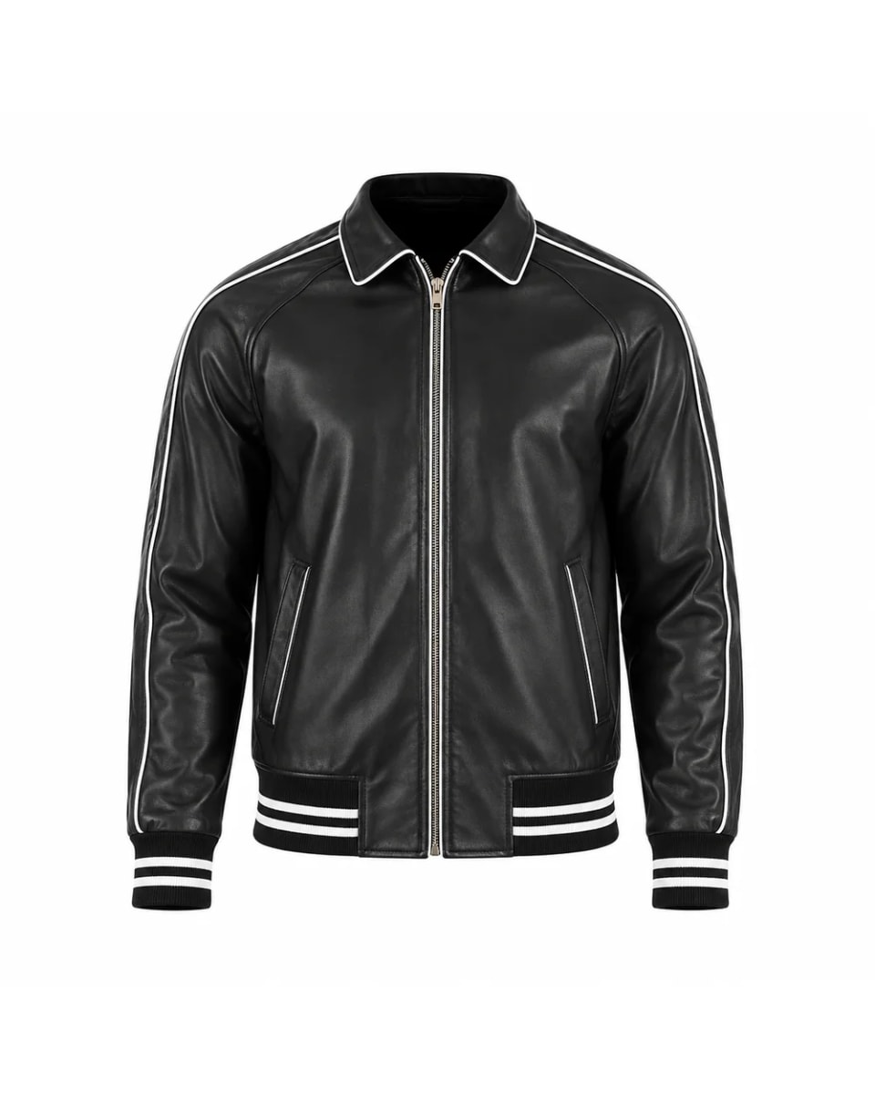 Giacca in pelle da uomo – Nero – bordi a coste e zip