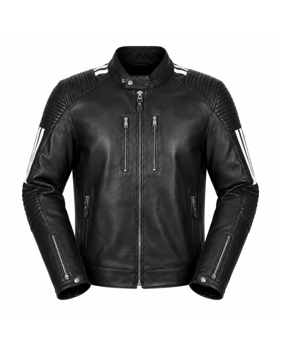 Veste en cuir pour homme – Noir – bandes sur les manches, style café racer