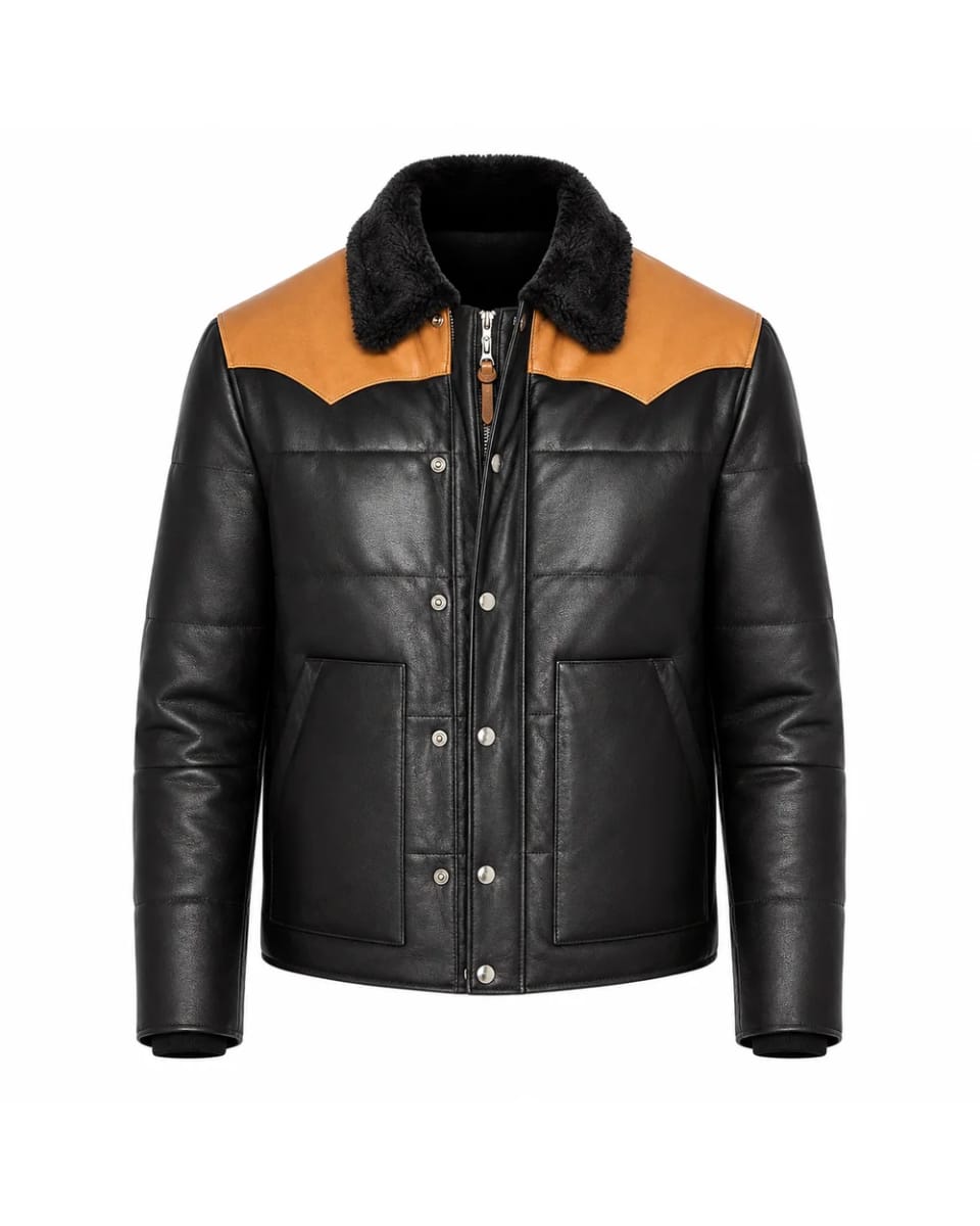 Lederjacke für Herren – Schwarz / Hellbraun – Kontrastpasse, Kragen und Steppdesign