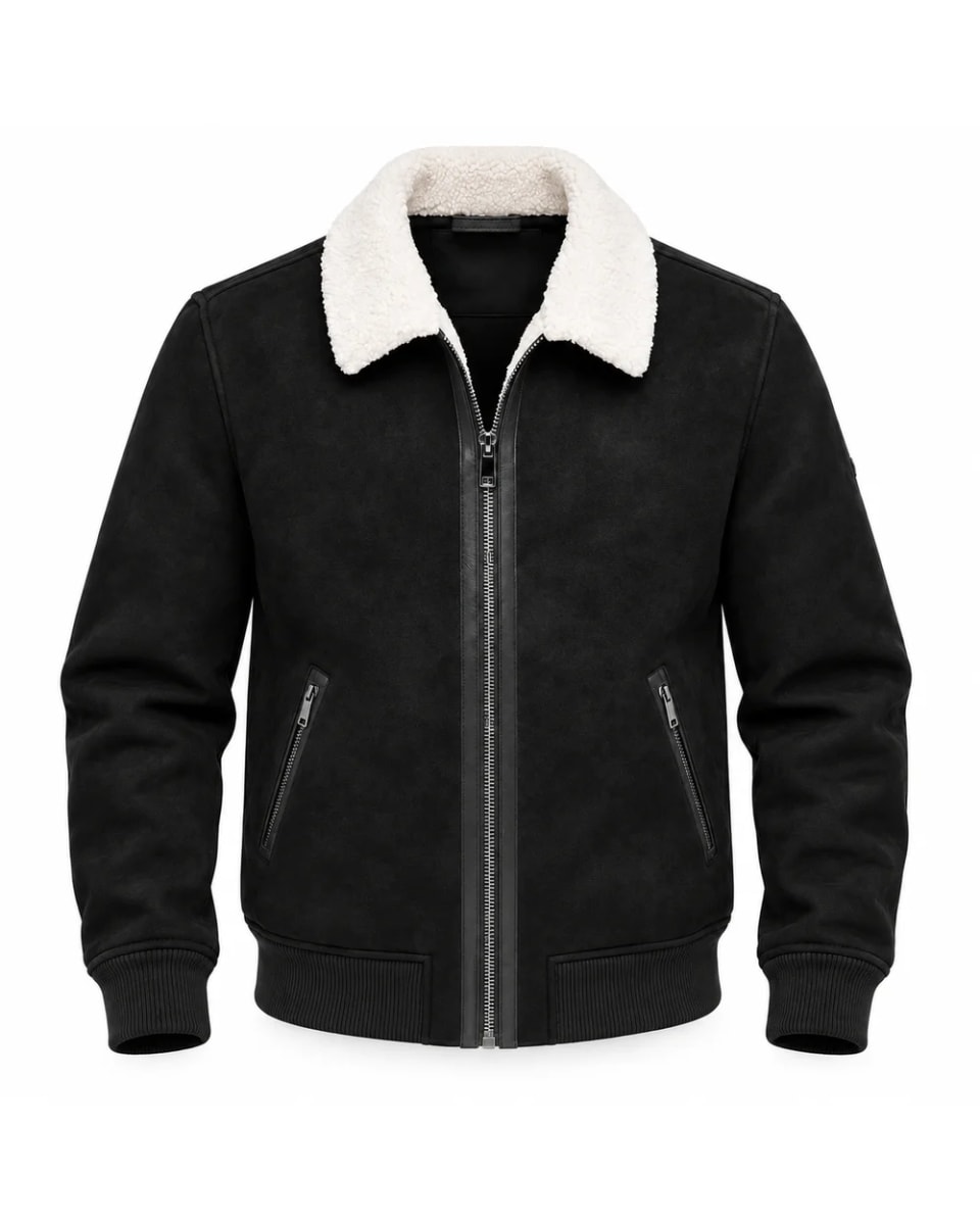 Wildlederjacke für Herren – Schwarz / Cremefarbener Kragen – cremefarbener Kragen im Bomber-Stil