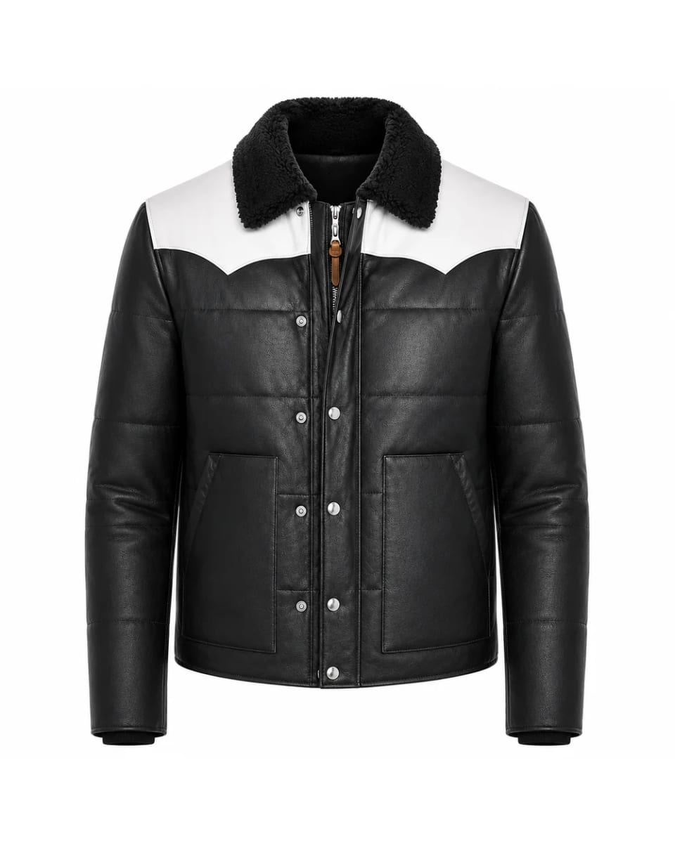 Veste en cuir pour homme – Noir / Blanc – empiècement aux épaules, col et matelassage