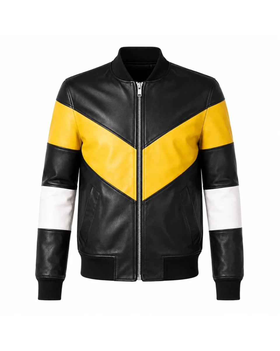 Giacca in pelle da uomo – Nero / Giallo / Bianco – inserti a V, stile universitario