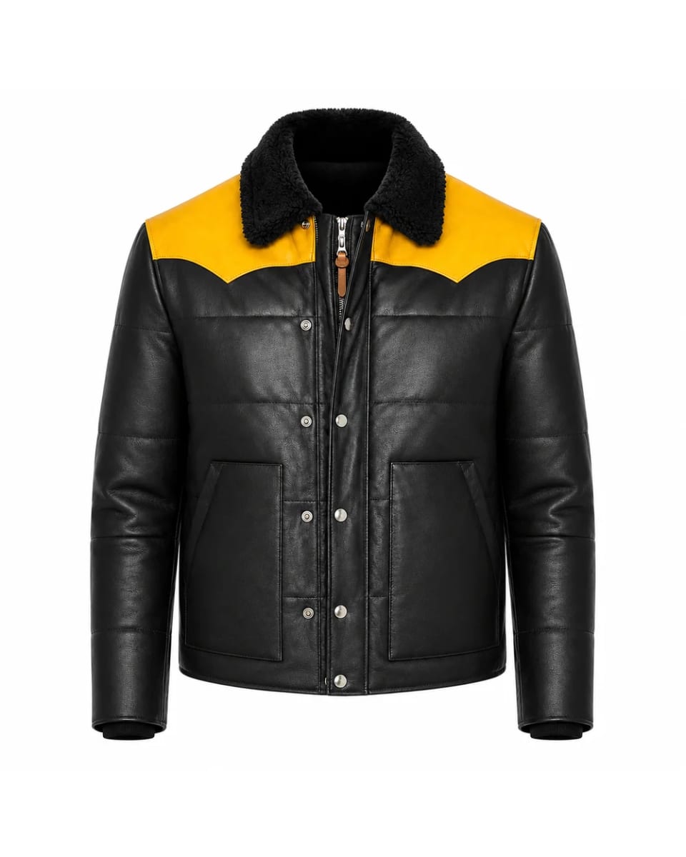 Lederjacke für Herren – Schwarz / Gelb – Kontrastpasse, Kragen und Steppdesign