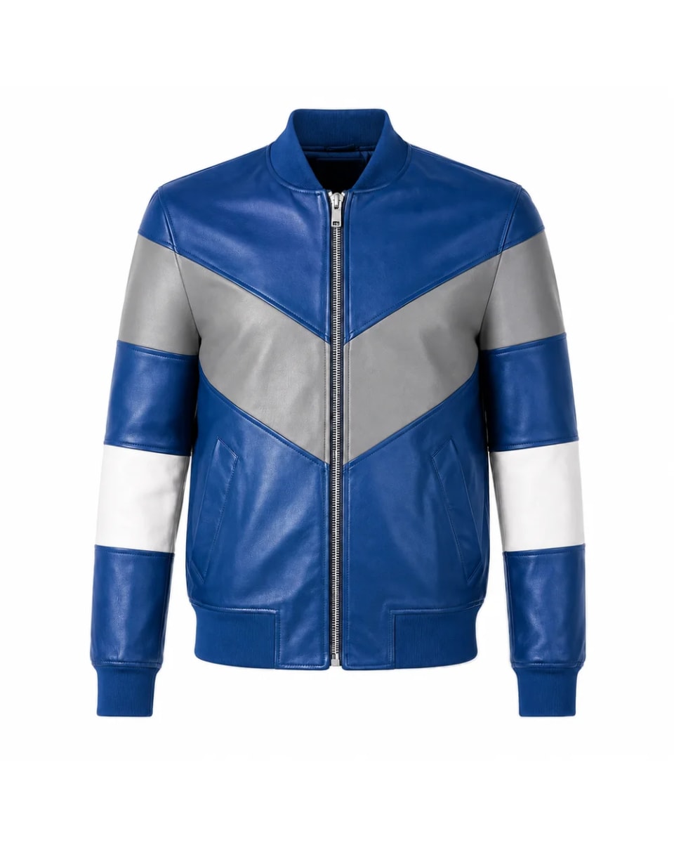 Giacca in pelle da uomo – Blu / Grigio / Bianco – inserti a V, stile universitario