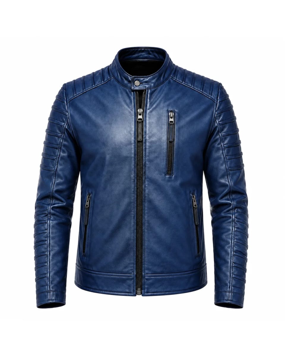Lederjacke für Herren – Blau – gesteppte Ärmel und Reißverschluss, Biker-Stil