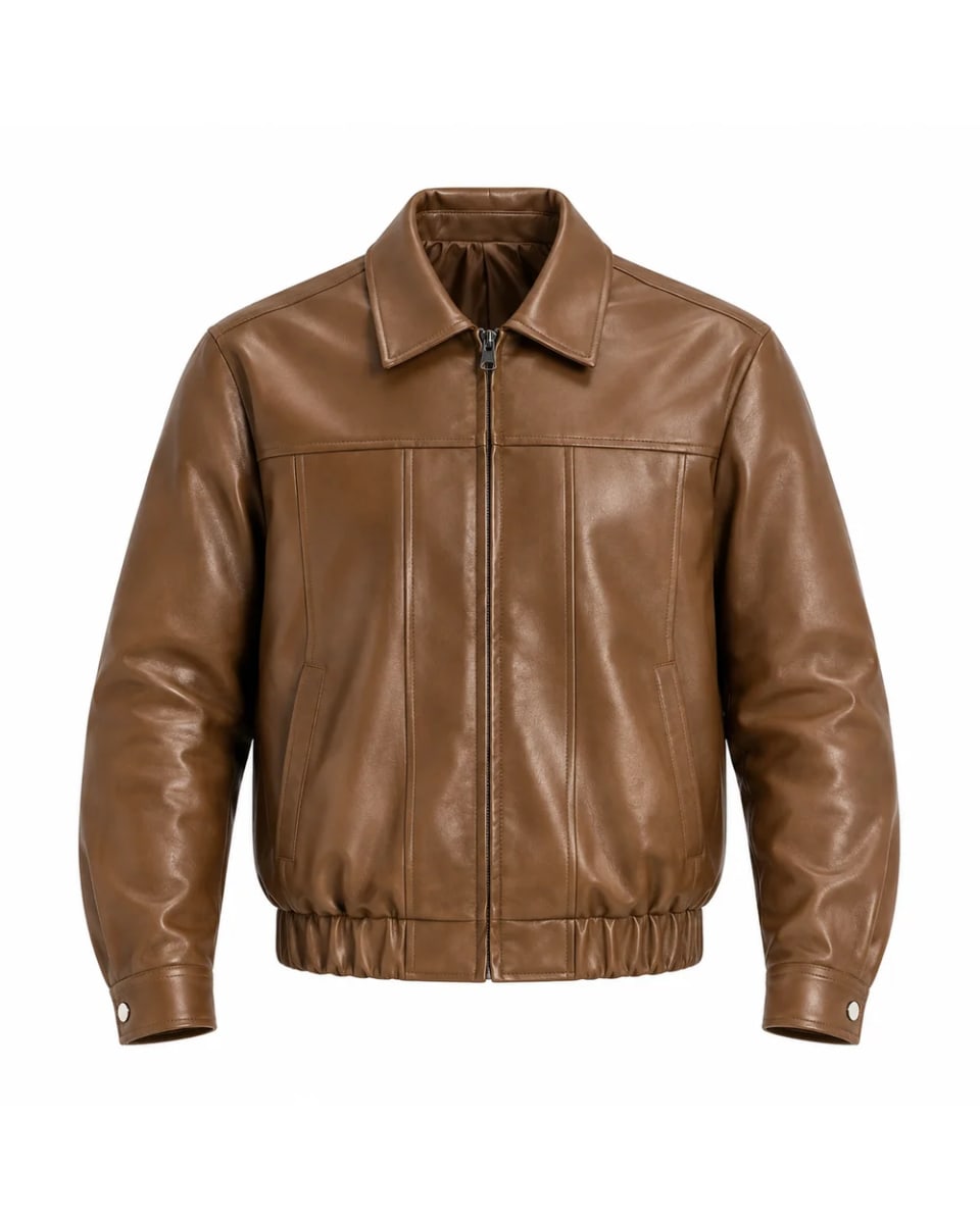 Chaqueta de cuero para hombre – Marrón / Cruz negra – diseño cruzado en la espalda y cremallera