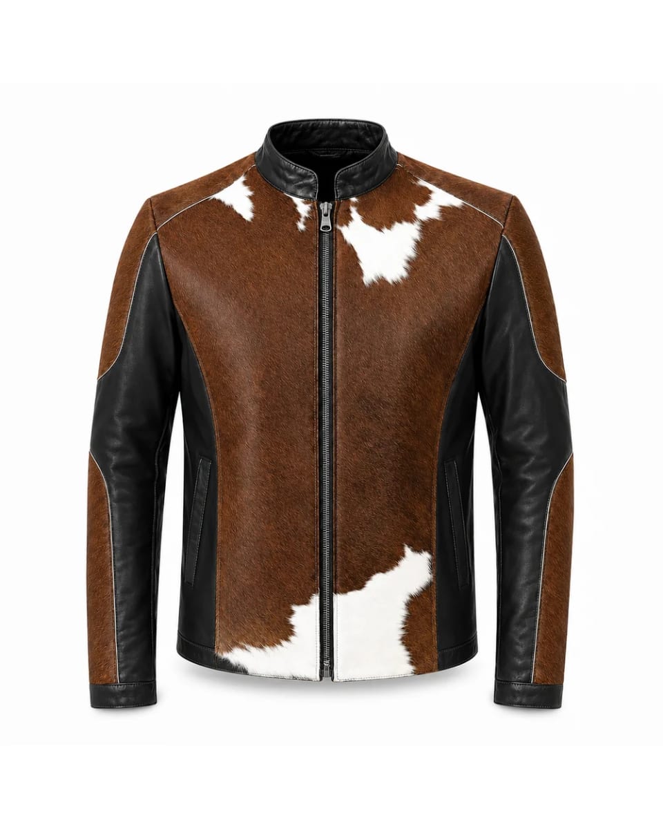 Chaqueta de cuero para hombre – Marrón / Negro / Marfil – paneles gráficos