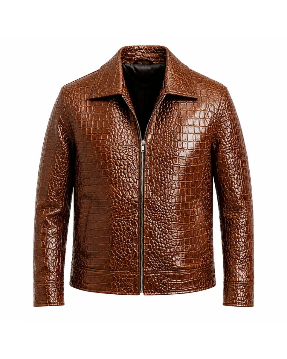 Giacca in pelle da uomo – Marrone – effetto coccodrillo e zip