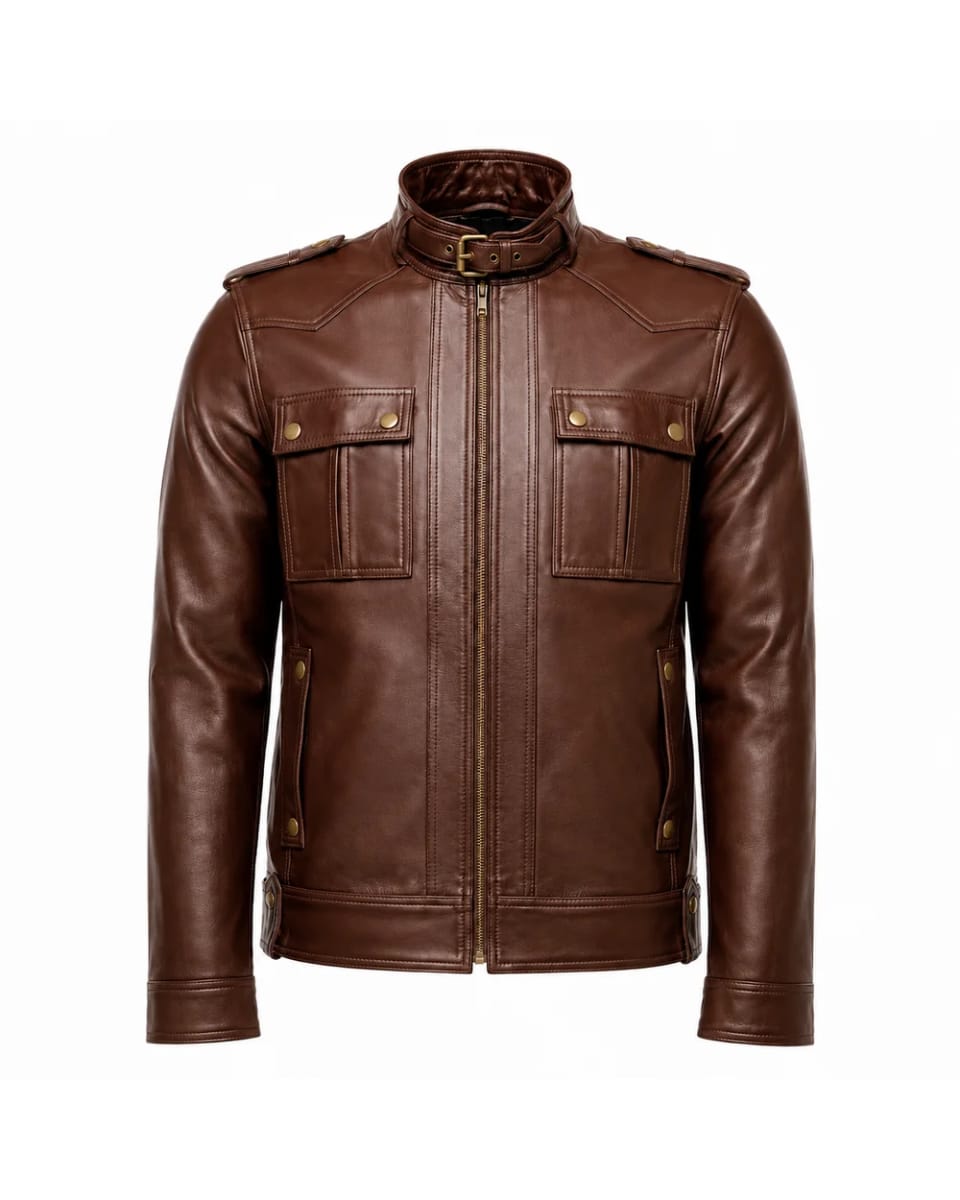 Lederjacke für Herren – Braun – Fronttaschen im Motorrad-Stil