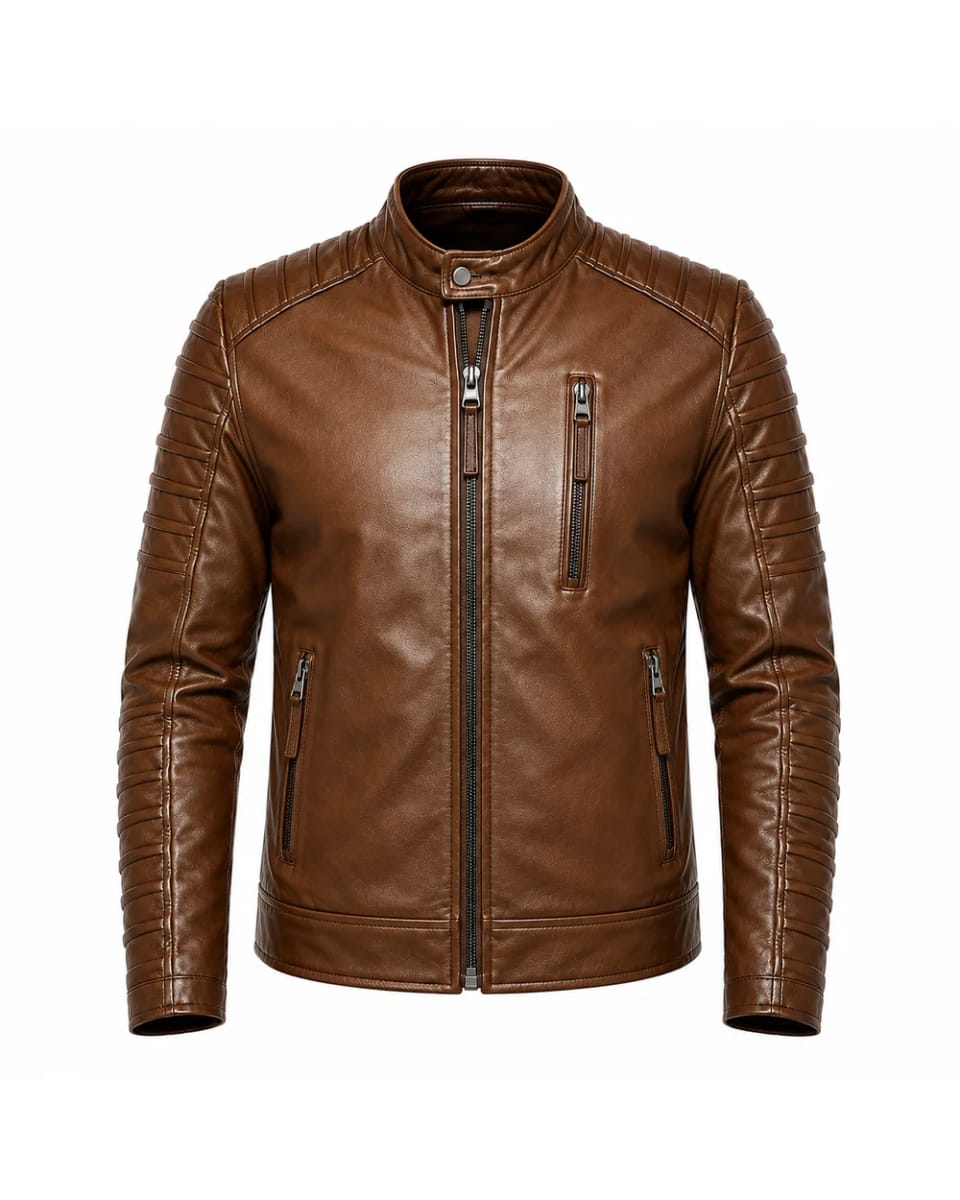 Chaqueta de cuero para hombre – Marrón – mangas acolchadas y cremallera, estilo motero