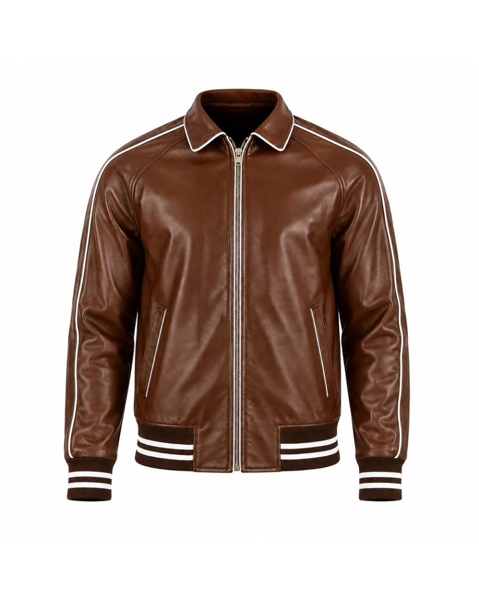 Veste en cuir pour homme – Marron – ourlet côtelé