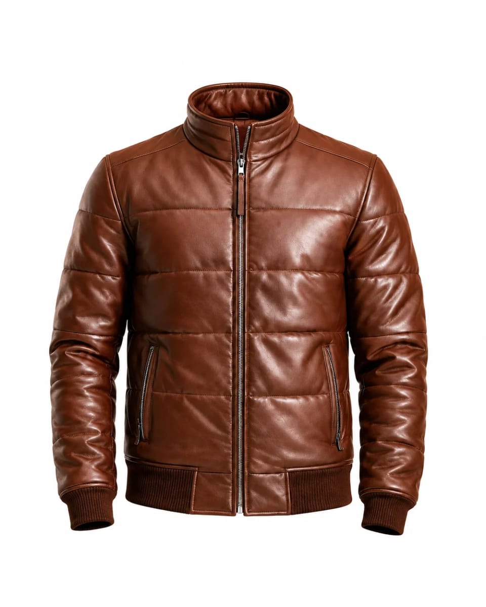 Chaqueta de cuero para hombre – Marrón – cuello alto y diseño acolchado