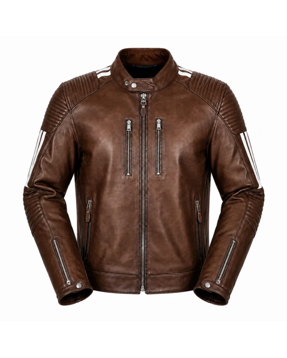 Chaqueta de cuero para hombre – Marrón – rayas en las mangas, estilo café racer