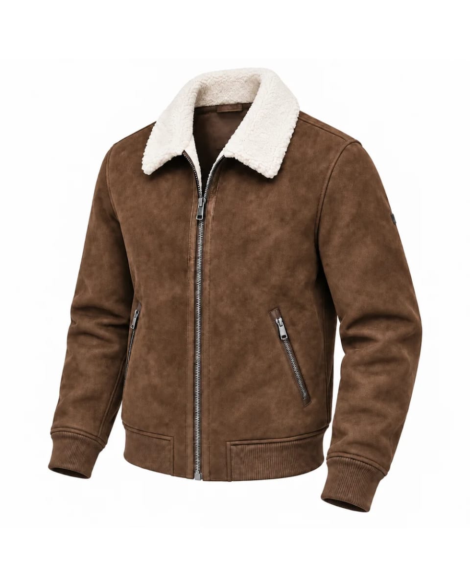 Veste en daim pour homme – Marron / Col crème – col contrasté