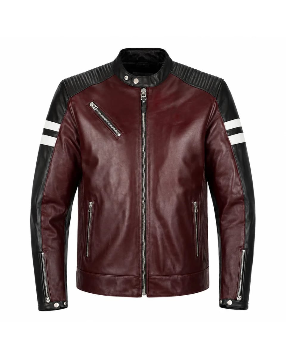 Veste en cuir pour homme – Bordeaux / Noir – deux bandes