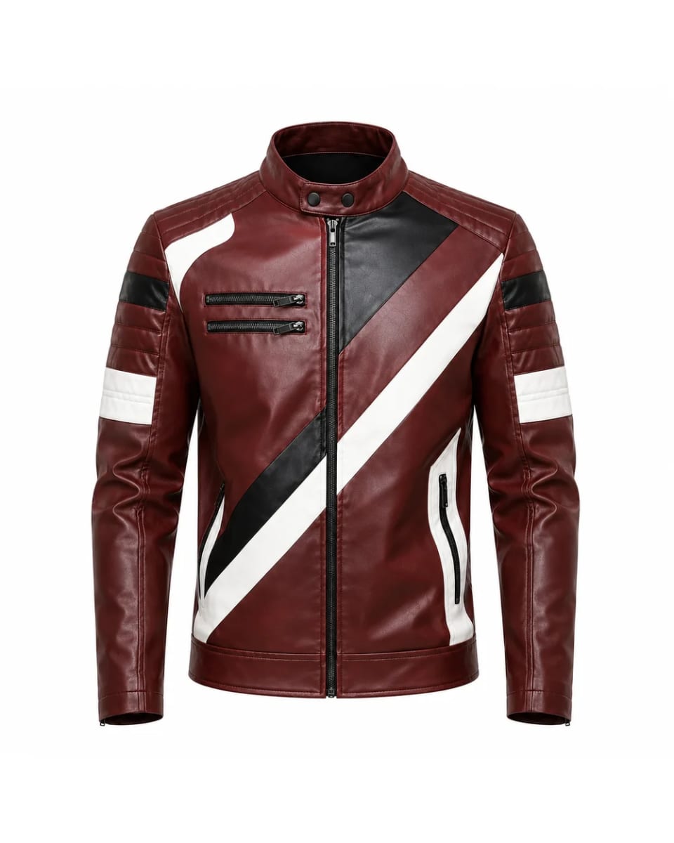 Giacca in pelle da uomo – Bordeaux / Nero / Bianco – inserti a contrasto, stile biker