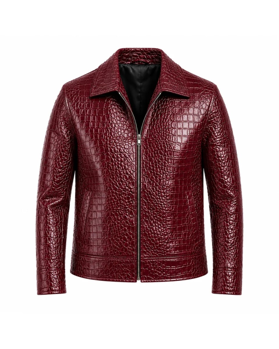 Chaqueta de cuero para hombre – Burdeos – efecto cocodrilo y cremallera