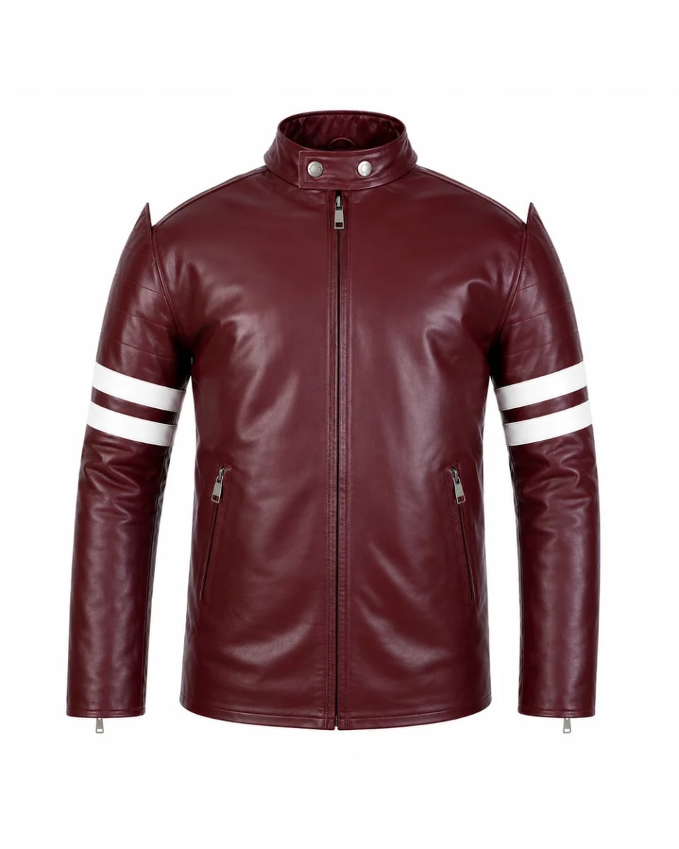 Veste en cuir pour homme – Bordeaux – doubles bandes, style moto
