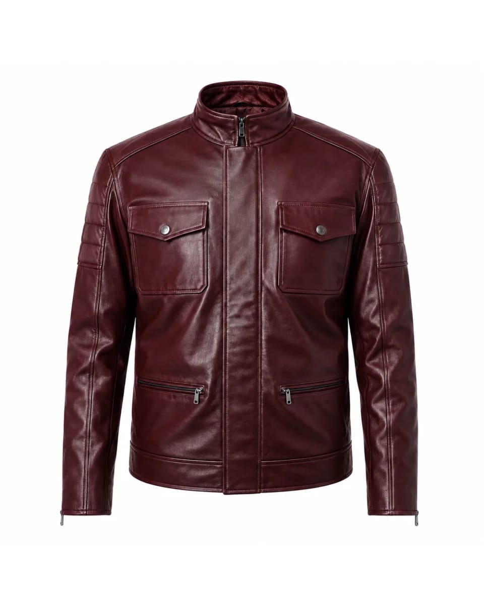 Veste en cuir pour homme – Bordeaux – quatre poches, style café racer