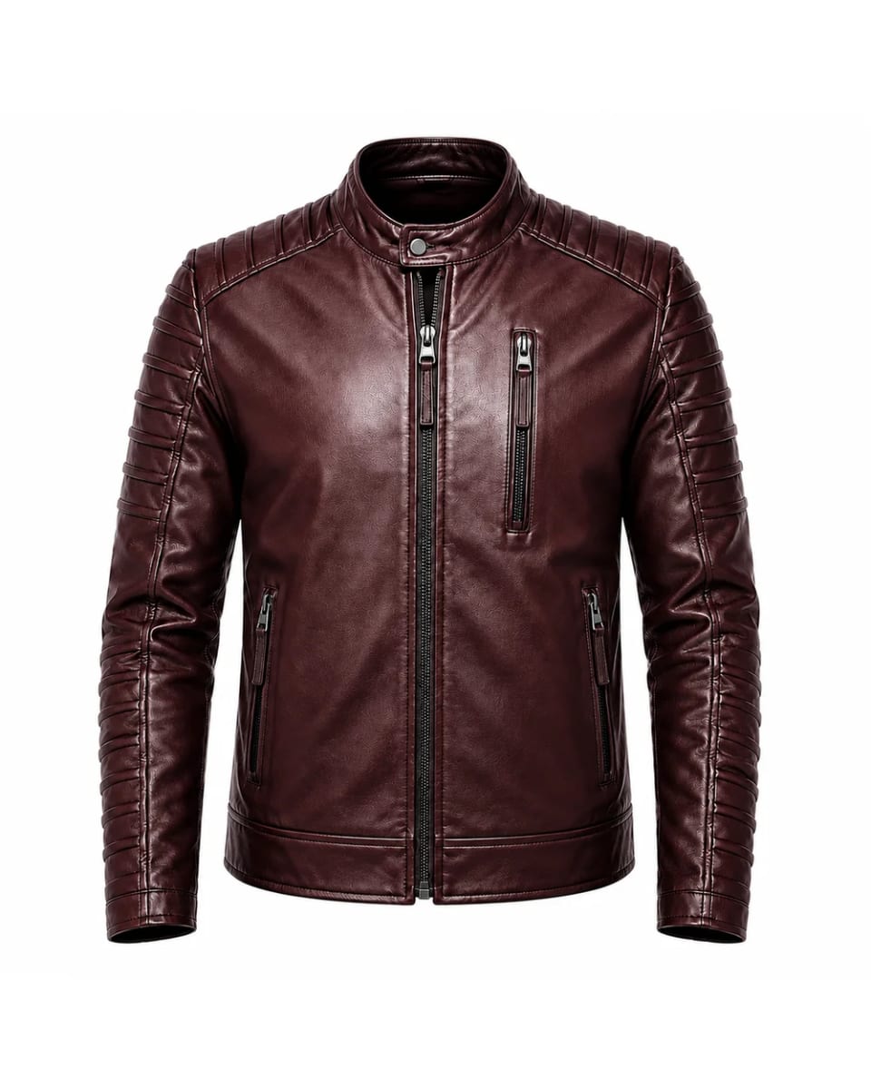 Lederjacke für Herren – Bordeaux – gesteppte Ärmel und Reißverschluss, Biker-Stil