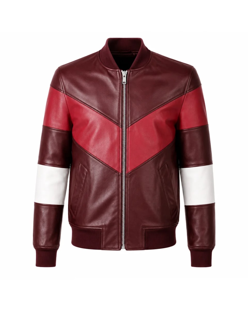 Veste en cuir pour homme – Bordeaux / Rouge / Blanc – empiècements en V, style universitaire