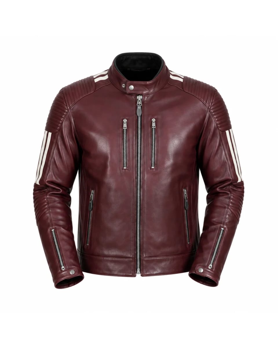 Veste en cuir pour homme – Bordeaux – bandes sur les manches, style café racer