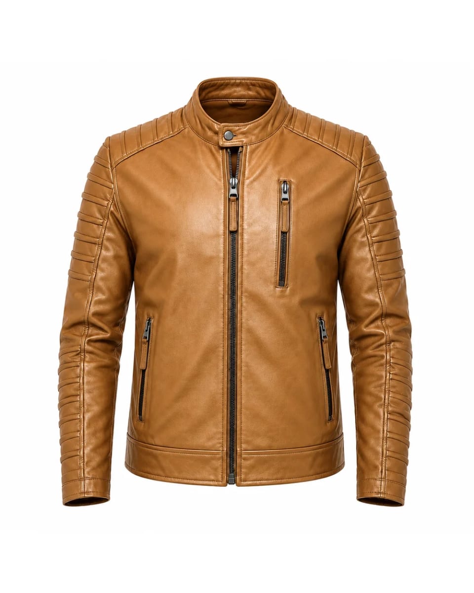 Lederjacke für Herren – Camel – gesteppte Ärmel und Reißverschluss, Biker-Stil