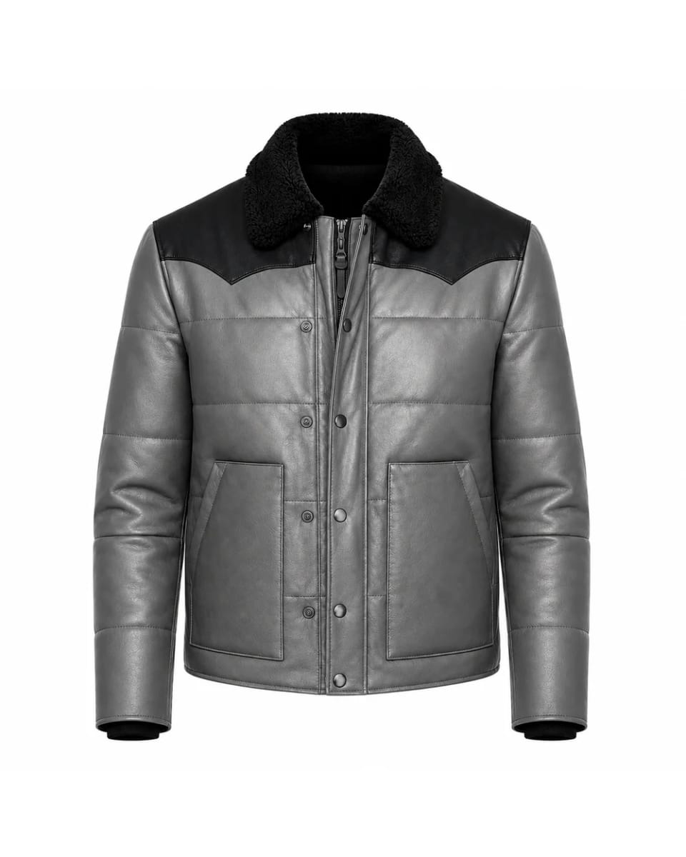 Lederjacke für Herren – Grau / Schwarz – Kontrastpasse, Kragen und Steppdesign