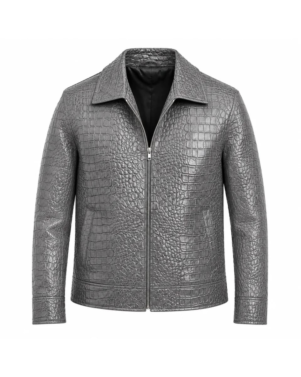 Lederjacke für Herren – Grau – Krokoprägung und Reißverschluss