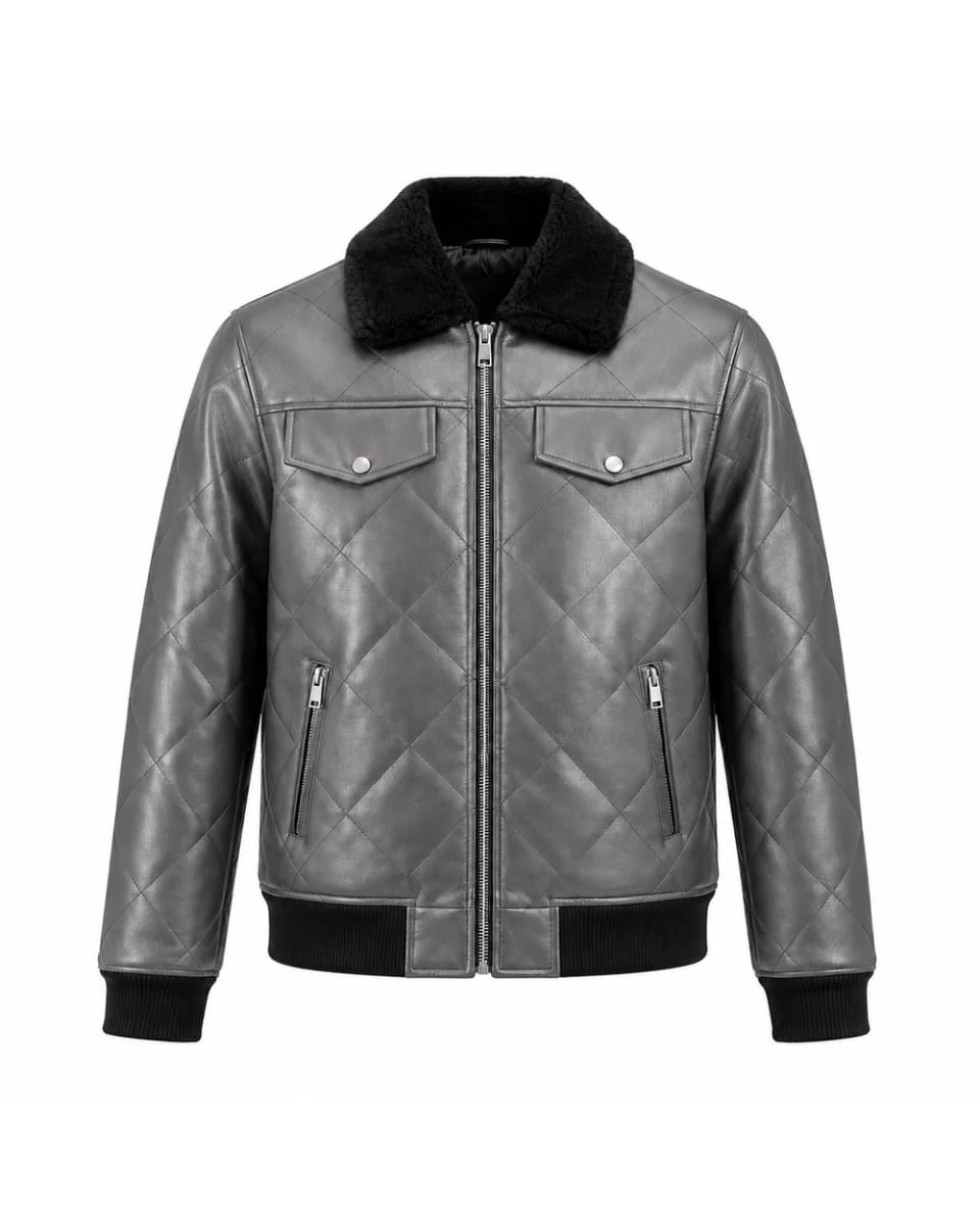 Chaqueta de cuero para hombre – Gris – acolchado de rombos