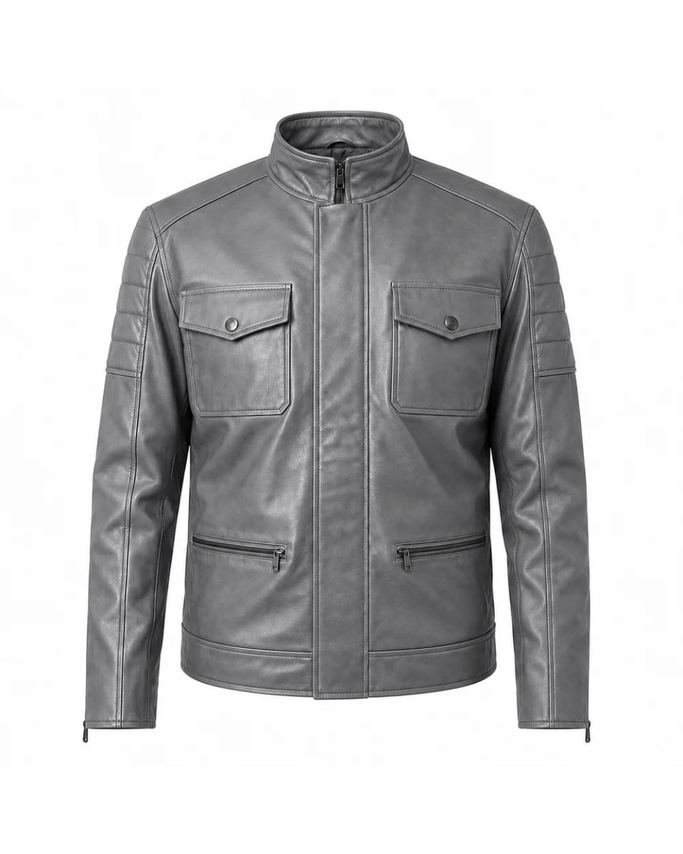 Veste en cuir pour homme – Gris – quatre poches, style café racer