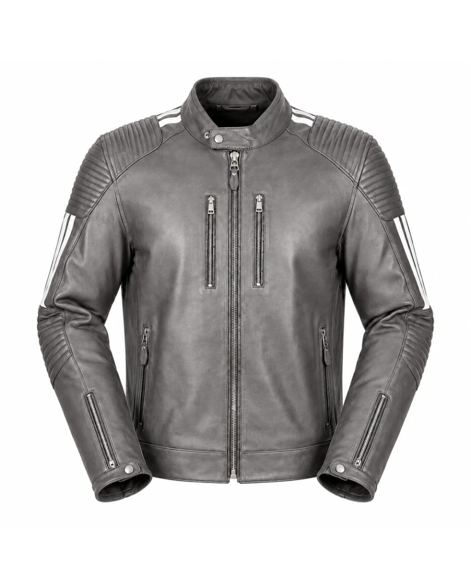 Lederjacke für Herren – Grau – Ärmelstreifen im Café-Racer-Stil